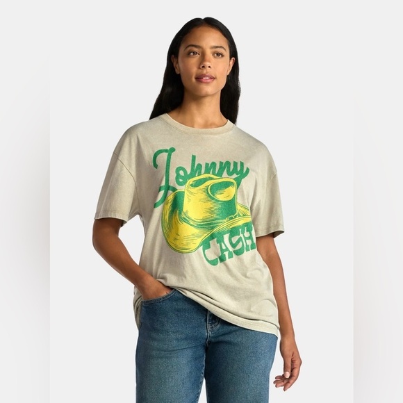 Johnny Cash Tops - Johnny Cash Juniors L Sand Cowboy Graphic Tee Mineral Wash Country Music NWT